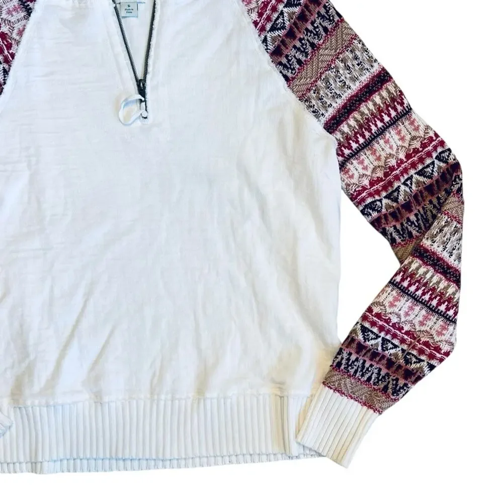 Sundance Women’s Sz S White Quarter Zip Sweater Fair Isle Sleeve Knit Cotton